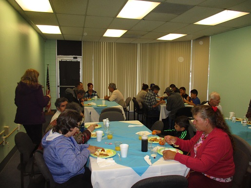 Everyone is in the pancake room eating pancakes