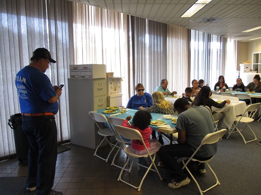 families on the B-side enjoying the pancake breakfast