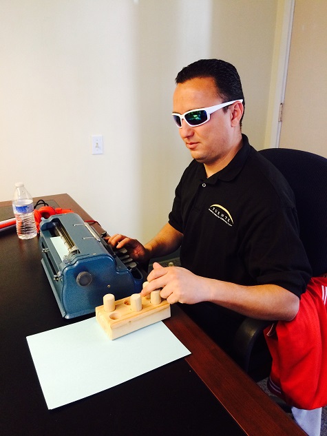 We use Perkins Braille typewriters and Braille blocks to teach Braille at BSS.