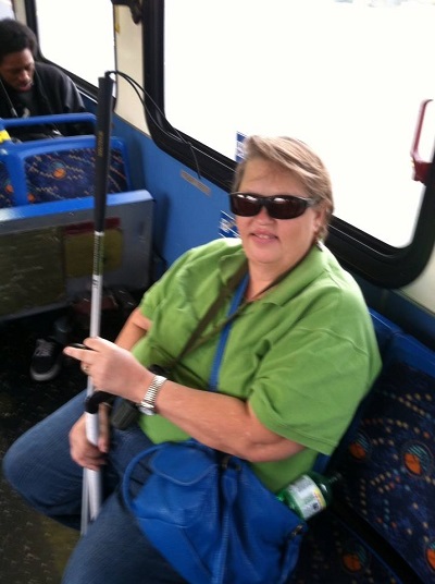 Teresa Mealer riding the bus as part of the travel Training at BSS